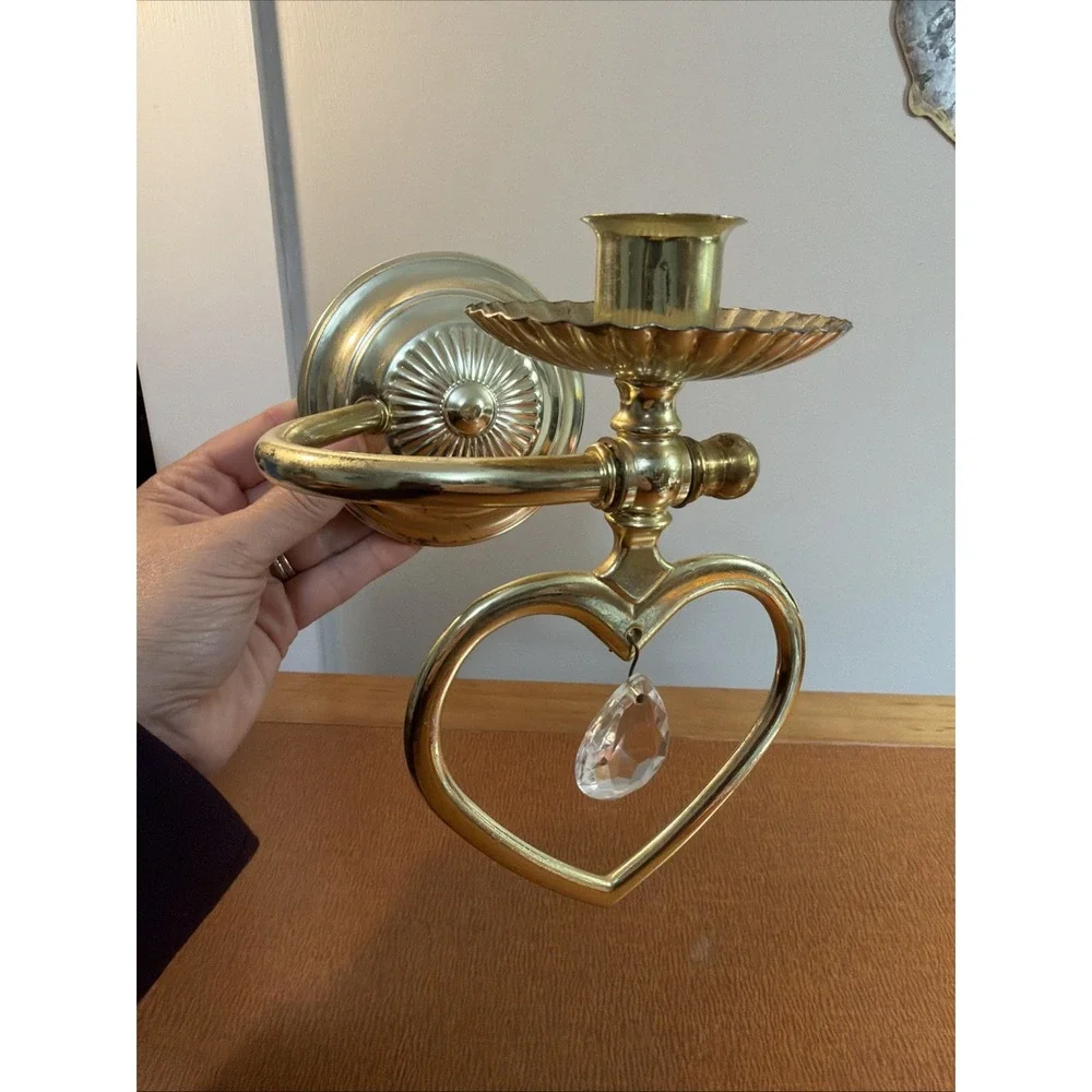 Vintage Brass Candle Holder Free Stand Or Wall Mounted Crystal Pendant 8